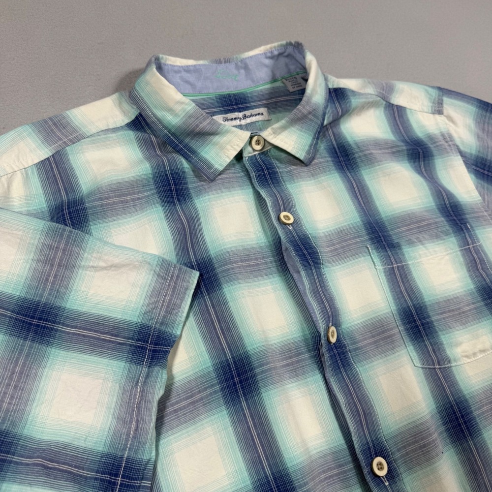 Tommy Bahama Mens Short Sleeve 100% Silk Plaid Button Up Shirt Blue Teal XL